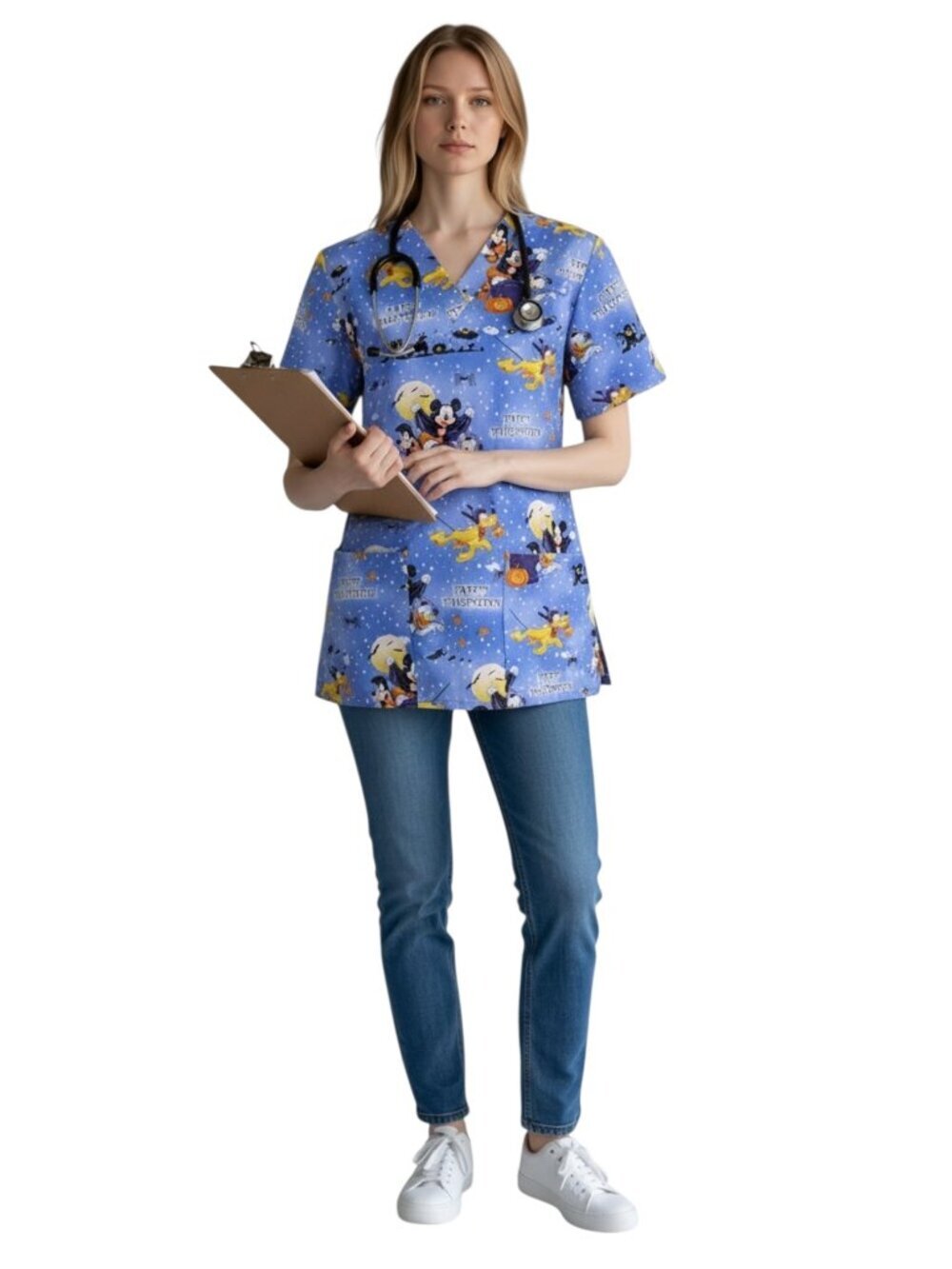 Disney Mickey Mouse Women Size XS Halloween Scrub Top Blue Medical Dental Office